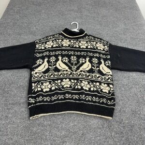 Vintage South Wool Sweater Mens M Black Wool Bird Floral Mock Neck Cottagecore